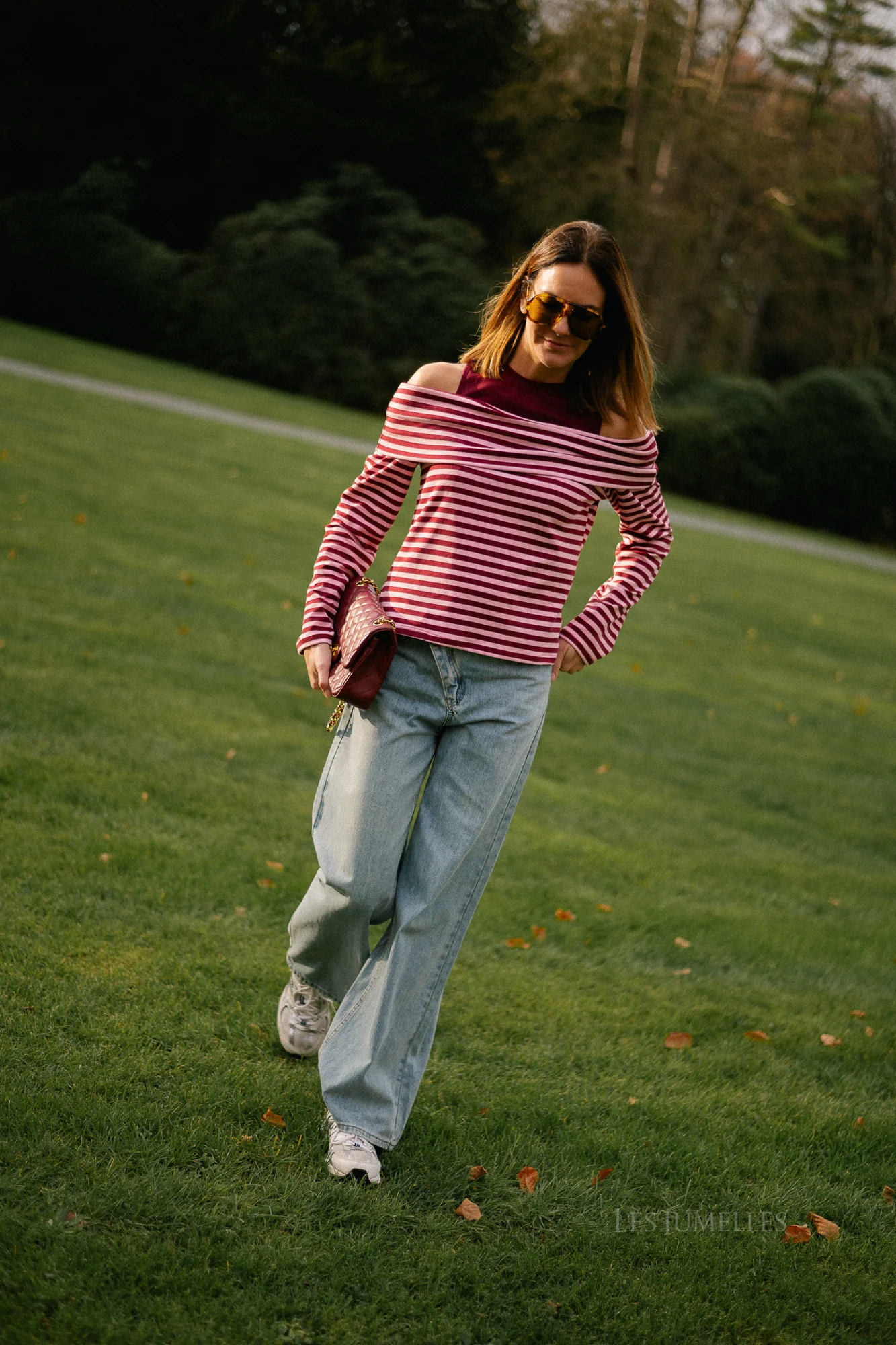Marley off shoulder striped shirt burgundy/pink - Image 3