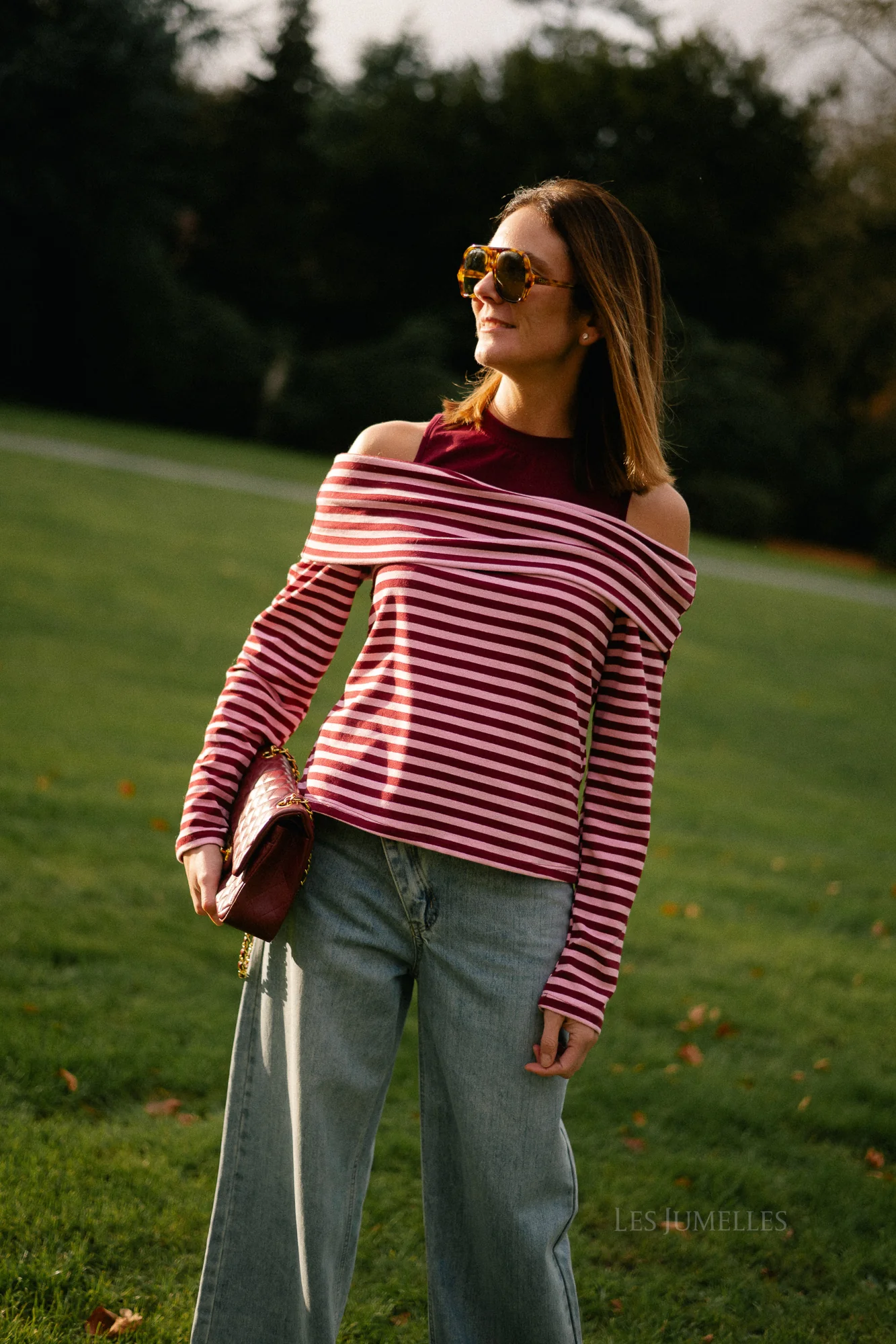 Marley off shoulder striped shirt burgundy/pink - Image 4