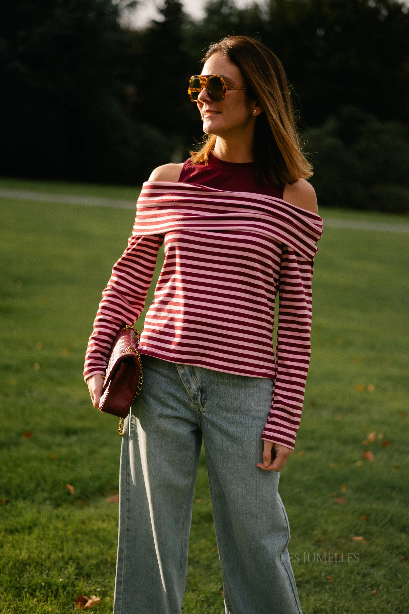 Marley off shoulder striped shirt burgundy/pink - Image 7