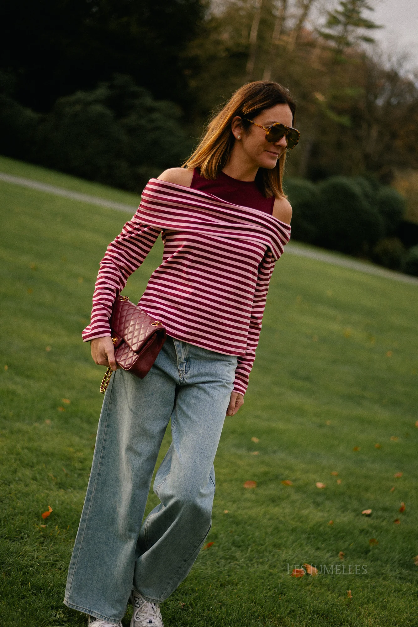 Marley off shoulder striped shirt burgundy/pink - Image 9