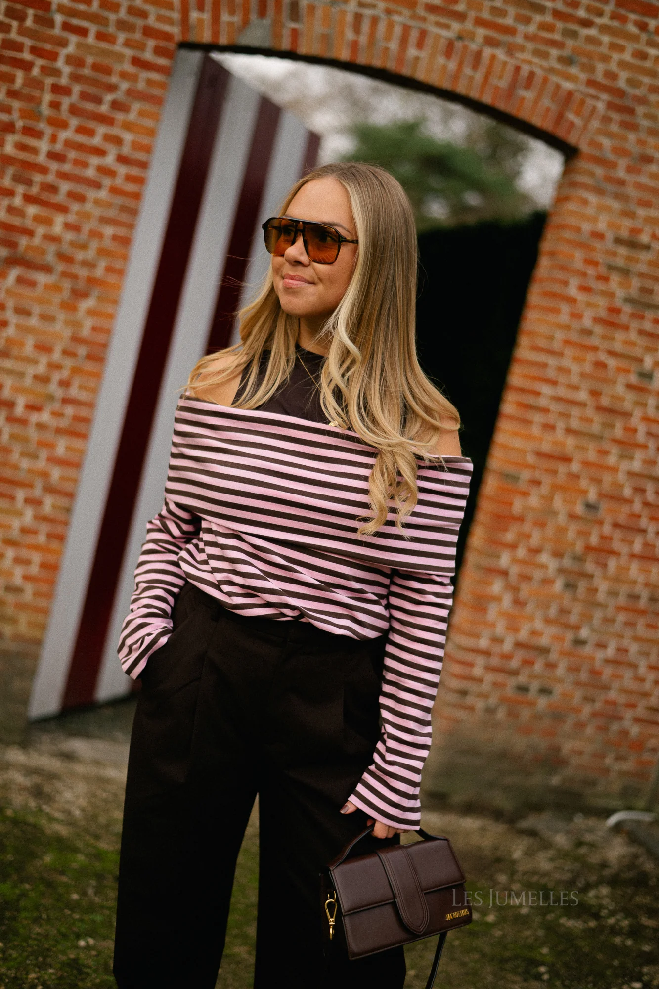 Marley off shoulder striped shirt hot chocolate/baby pink - Image 10
