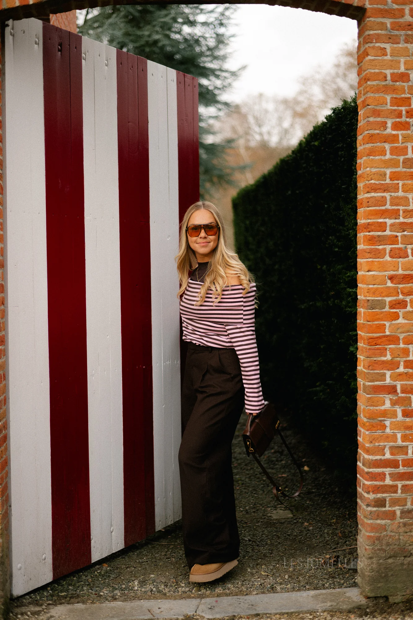 Marley off shoulder striped shirt hot chocolate/baby pink - Image 3