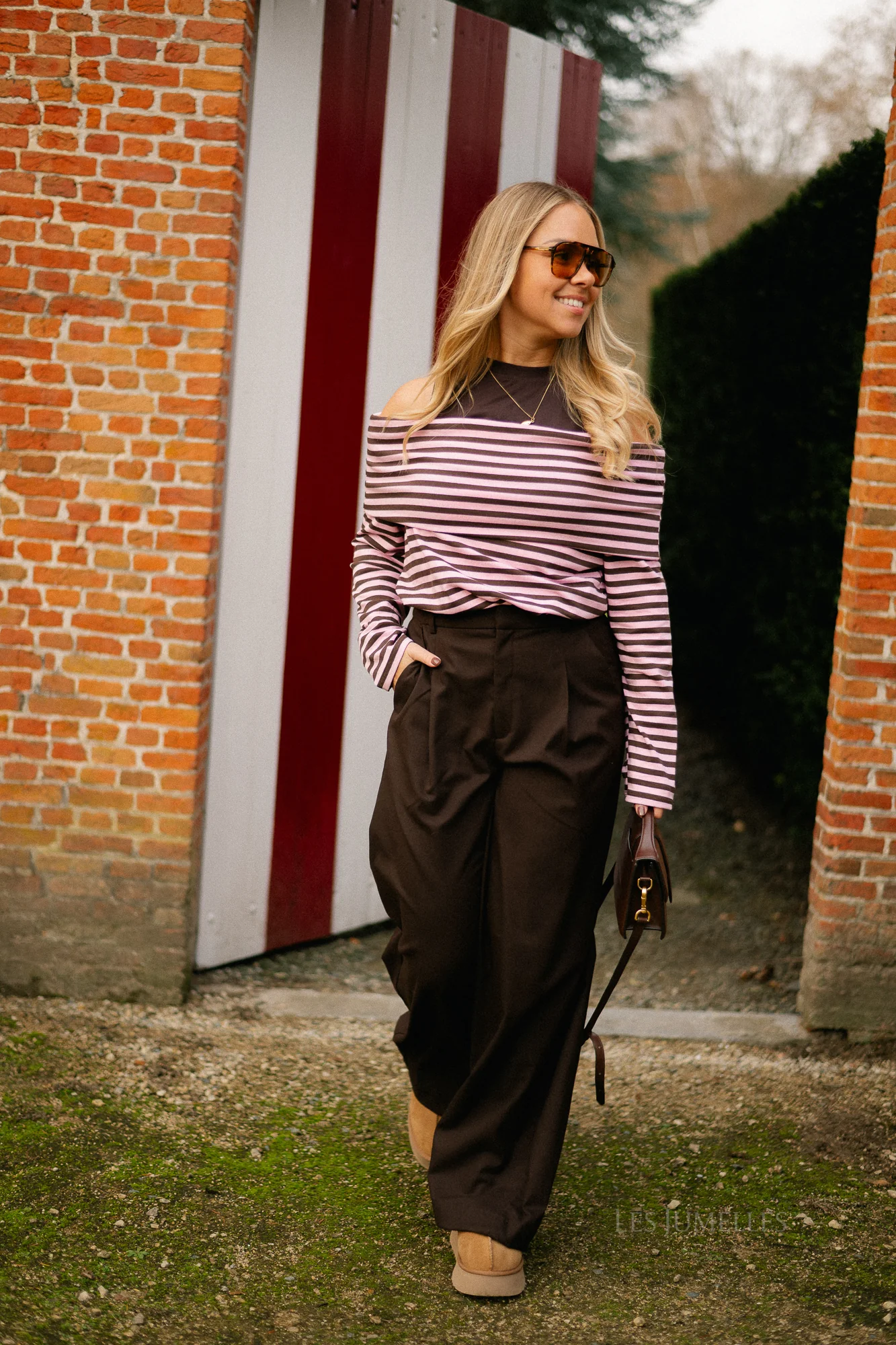 Marley off shoulder striped shirt hot chocolate/baby pink - Image 5