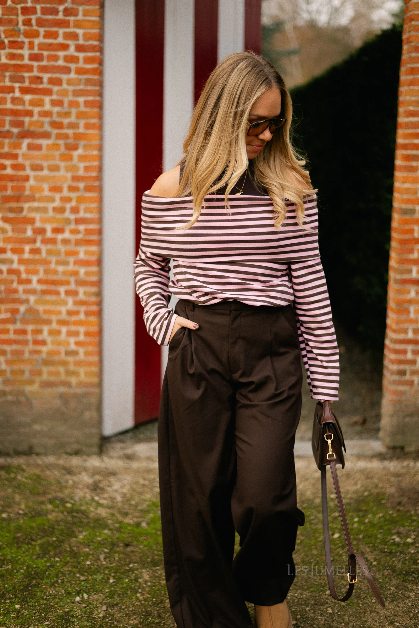 Marley off shoulder striped shirt hot chocolate/baby pink - Image 6