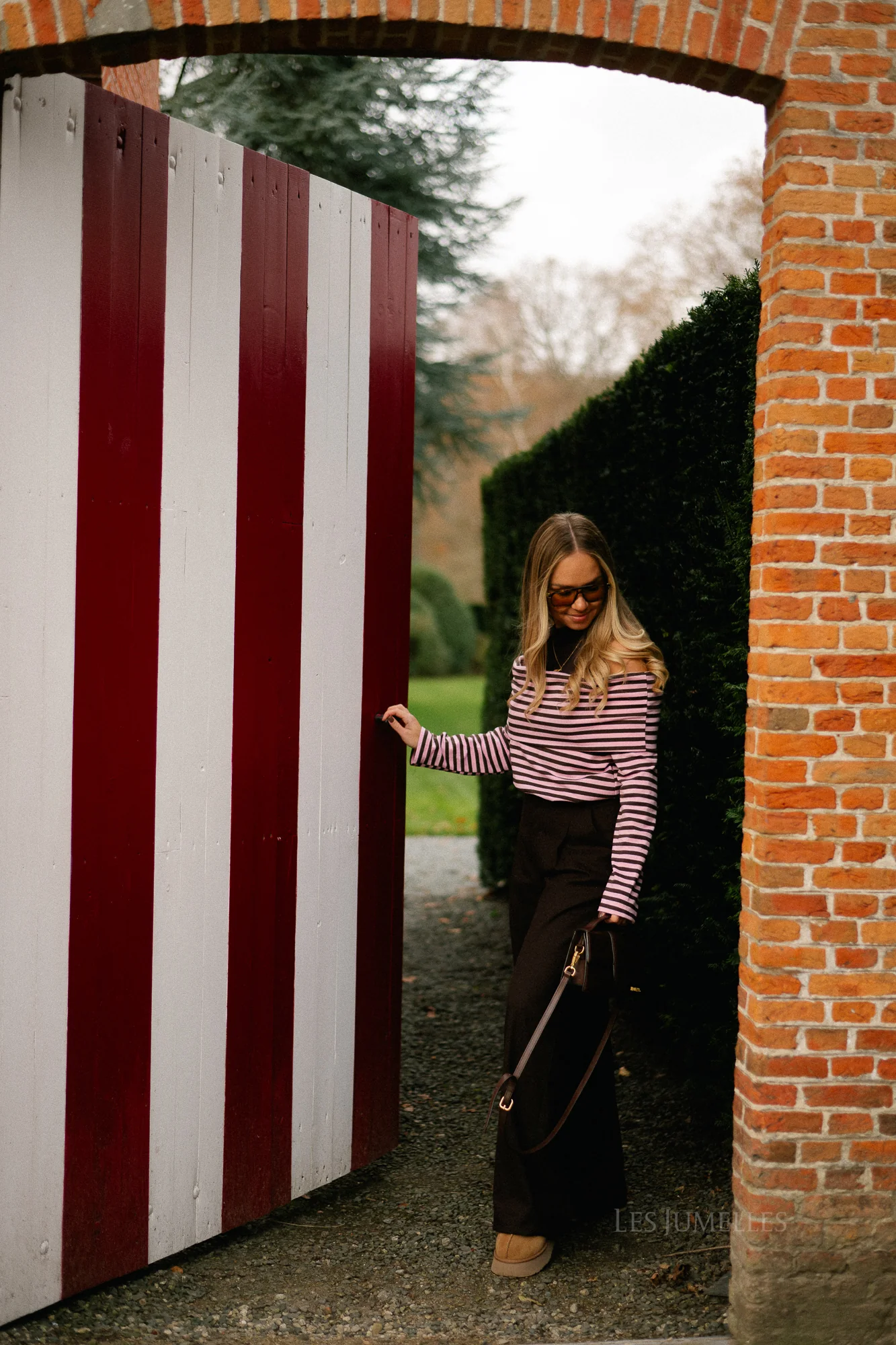 Marley off shoulder striped shirt hot chocolate/baby pink - Image 7