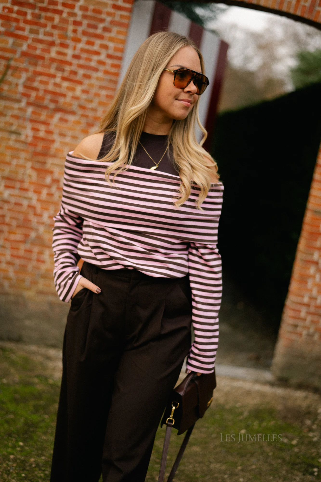 Marley off shoulder striped shirt hot chocolate/baby pink - Image 8
